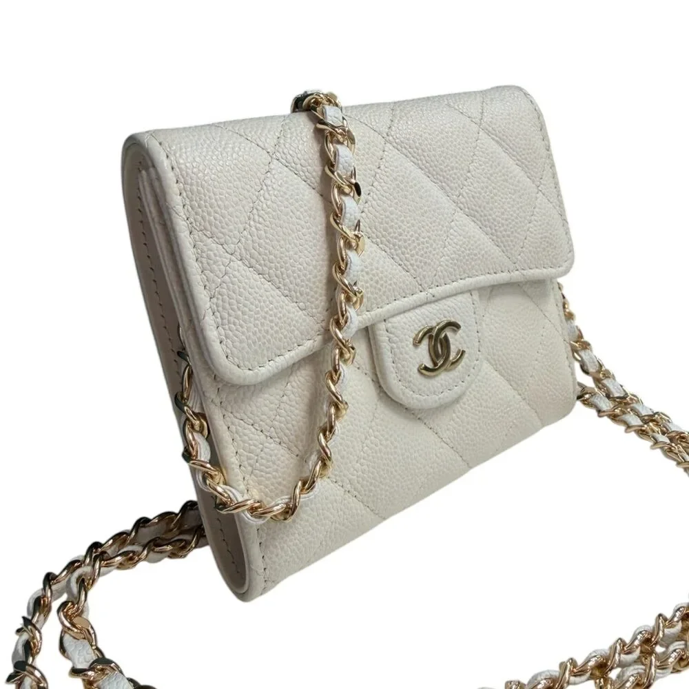 CHANEL White Caviar Leather GHW Compact Wallet